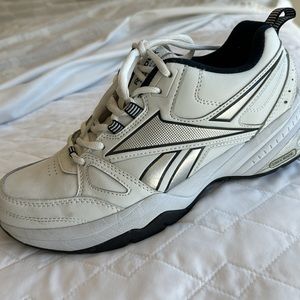 Men’s Reebok shoes, size 9 1/2 white with navy and silver detailing.
